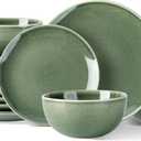 AmorArc Ceramic Dinnerware Sets for 6, 18 Pieces Handpainted Plates and Bowls Set, Scratch Resistant Stoneware Dishes Set, Dishwasher & Microwave Safe, Jade Green