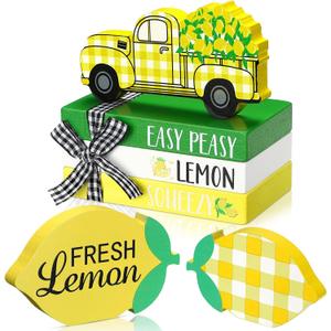 Yalikop 5 Pcs Lemon Centerpieces for Table Lemon Kitchen Decor Rustic Summer Tiered Tray Decor Yellow Wooden Fruit Sign Decorative Book Stack with Twine for Home Wall Kitchen Office Desk Shelf Mantel, 5.31 x 3.54 x 3.15 inches