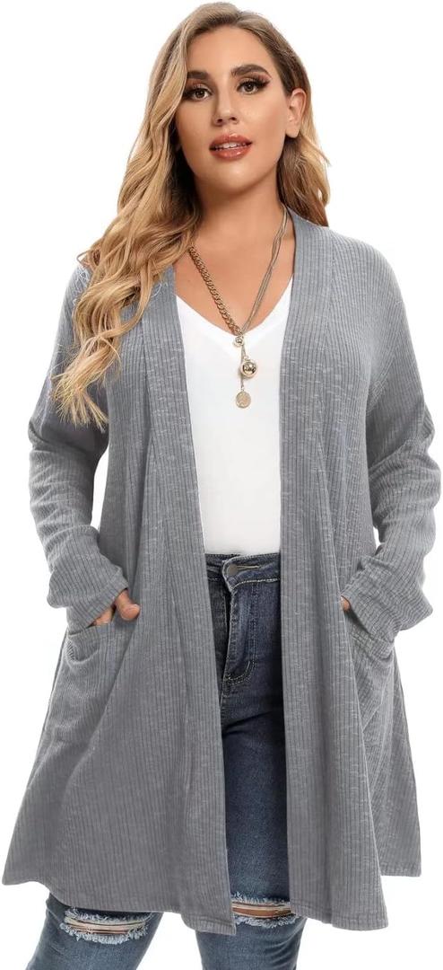 LARACE Open Front Knit Cardigan Sweaters for Women Plus Size Long Sleeve Tops with Pockets Lightweight for Winter (3X)