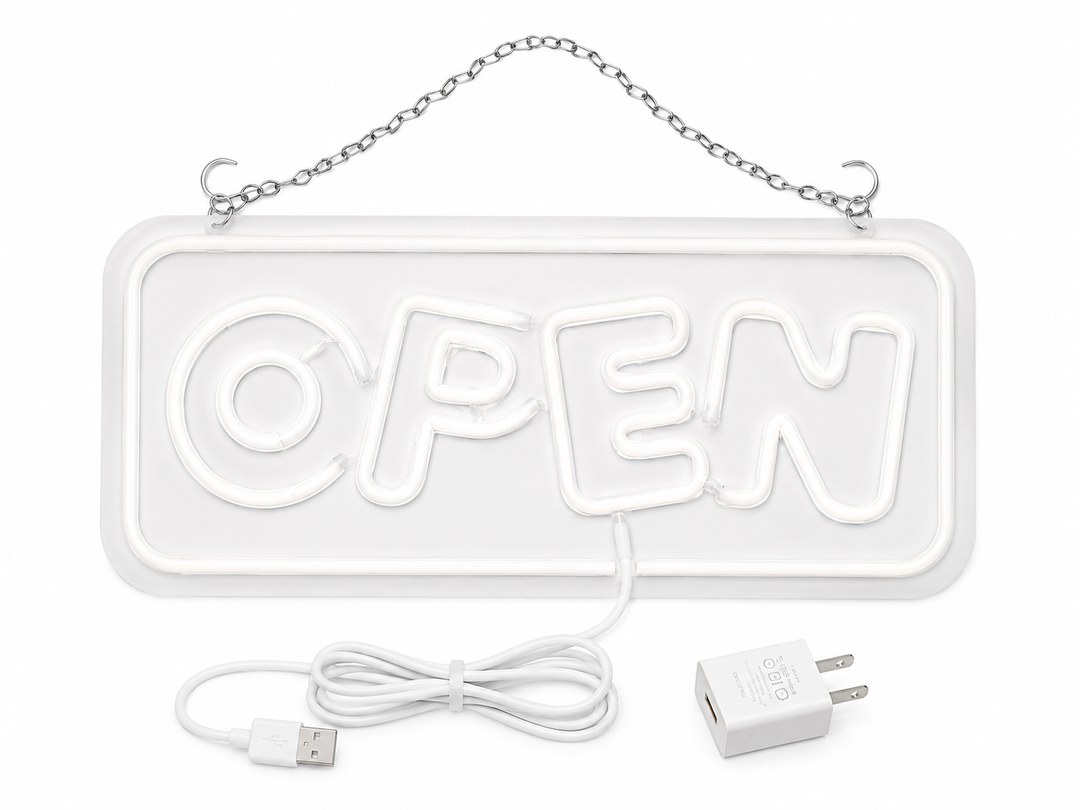 16 x 8 Inch LED Neon Open Sign, Matte Black Base with Italic Blue and White Open Letters, Business Storefront Sign