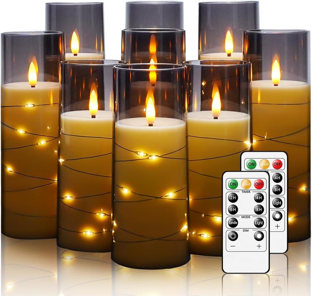 Flickering Flameless LED Candles, 9 Pcs with Embedded Star String, Acrylic LED Pillar Candles with Remote, Suitable for Home Decoration (Grey) (Gray)