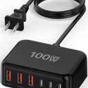 Updated USB C Fast Charger Block, 100W GaN 6 Port PD USB C QC USB A Wall Charger Adapter Plug Cube, Type C Charging Station Hub for iPhone 17 16 15 14 13 Pro Max iPad Samsung Pixel 5ft Extension Cord