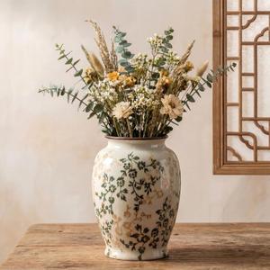 Vintage Porcelain Vase Retro Ceramic Flower Vases Decorative Chinoiserie Floral Vase Centerpiece for Farmhouse Home Decors, Bookshelf, Living Room,Office(Elegant,Green and Beige,Large)