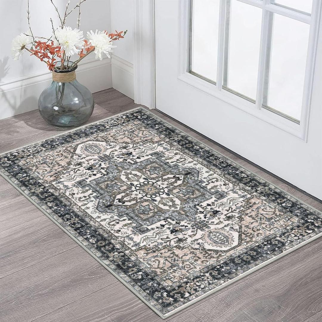 KOZYFLY Small Area Rug 2x3 Ft Rugs for Entryway Washable Boho Entry Rug Non Slip Door Mat Indoor Entrance Faux Wool Vintage Printed Kitchen Rug Throw Rugs for Entrance Kitchen, Black/Taupe/Beige