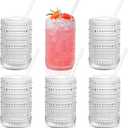 KMIGRUAN Hobnail Drinking Glasses with Straws 15oz Vintage Glassware Set of 6 Embossed Vintage Water Cups, Highball Glasses for Cocktail, Whiskey ,Beer and Juice