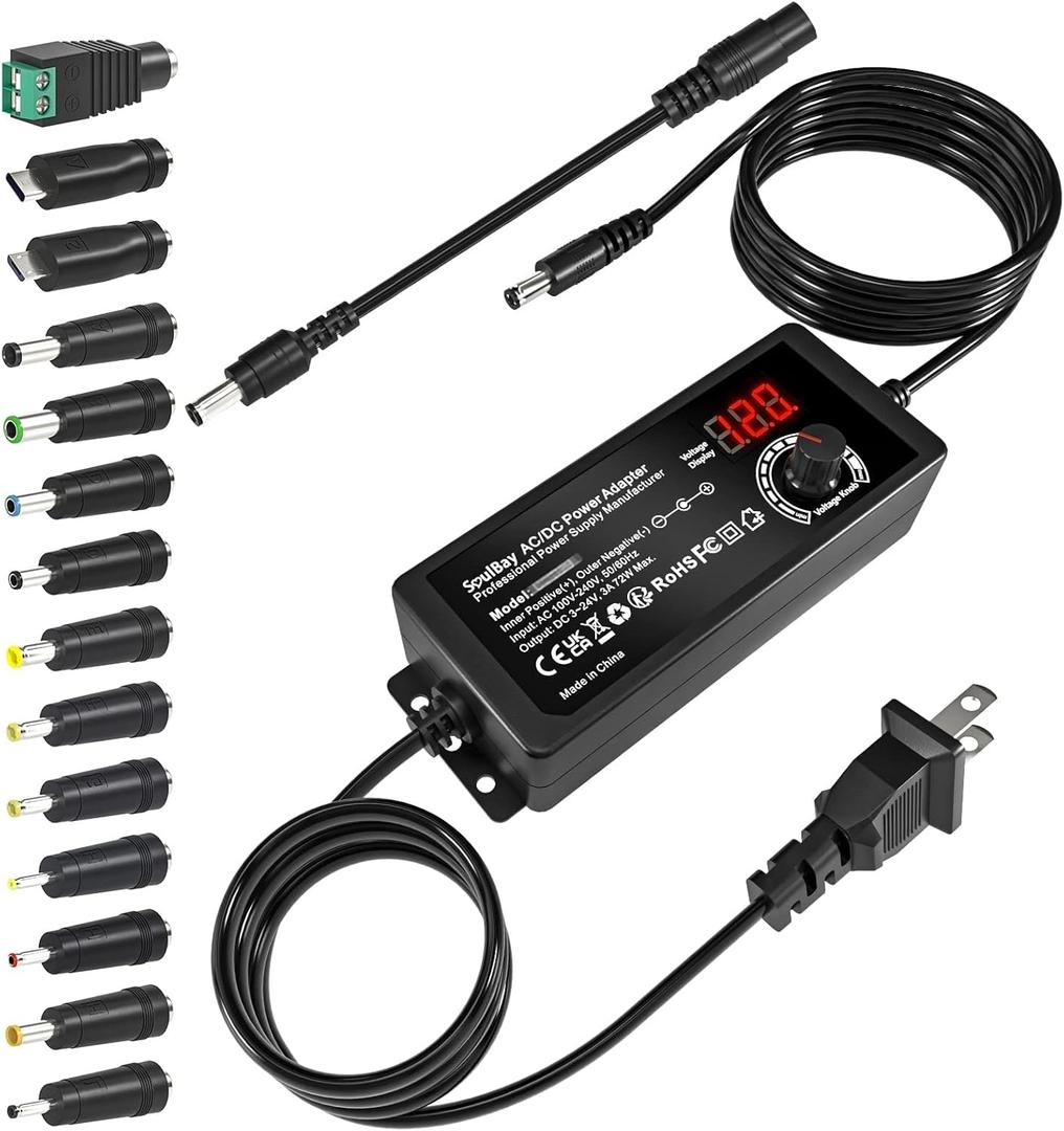 SoulBay Universal AC DC Power Supply Adapter 72W 3V to 24V Output with Adjustable Voltage & Volt Display for Household Electronics, 14pcs Tips & 1pc Reverse Polarity Cable Included, 3000mA Max