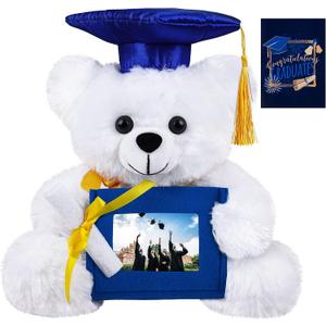 Fovths Graduation Plush Teddy Bear with Blue Non-Woven Picture Frame Diploma Cap for 2024 Graduation 10 Inch Plush Stuffed Animal Teddy Bear with Greeting Card for Graduation Day Gift Decor, White