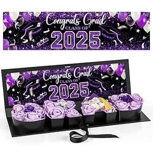 Graduation Gift Box for Flowers with Congrats Grad Class of 2025 Sticker,Fillable Cardboard Letter Grad Box with Ribbon for Bouquet Chocolate Candy Snack Graduation Party Favor(Purple)