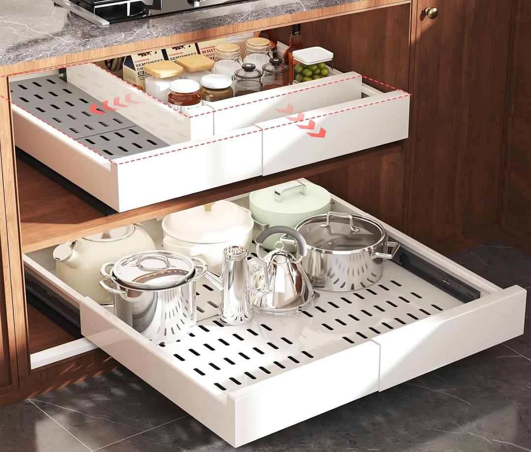 Seinloes 2 Pack Pull Out Cabinet Organizer Expandable Width(13"-21") and Depth(17"-24"), Slide Out Drawers With Raising Pad for Framed Cabinets, No Drill Roll Out Shelves for kitchen, Bathroom, White