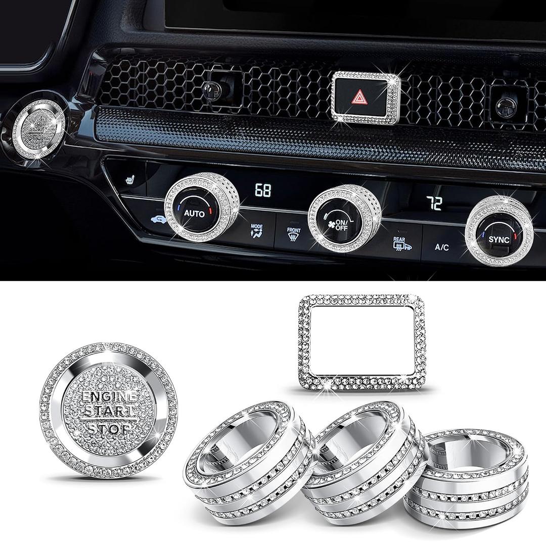 Polodunn for 2022-2026 Honda Civic, 2023-2026 CRV/HRV/Acura Integra, 2023-2025 Accord & 2025 ADX Accessories - 6pcs Aluminum Alloy Knob Cover Trim Set FIts Push Start, AC & Hazard Light (Bling)