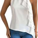 Women's Sleeveless Ruffle Blouses Dressy Casual Sleeveless Asymmetrical Halter Top Elegant Shirts (White, Size S)