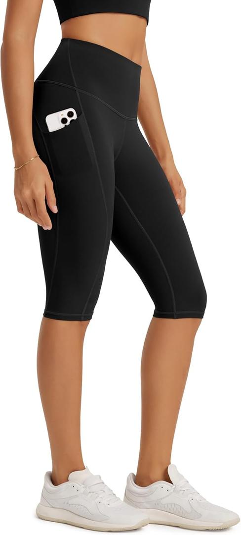 ODODOS High Waist Workout Capris with Pockets for Women, 14" / 19" Tummy Control Yoga Capri Leggings (Black, M)