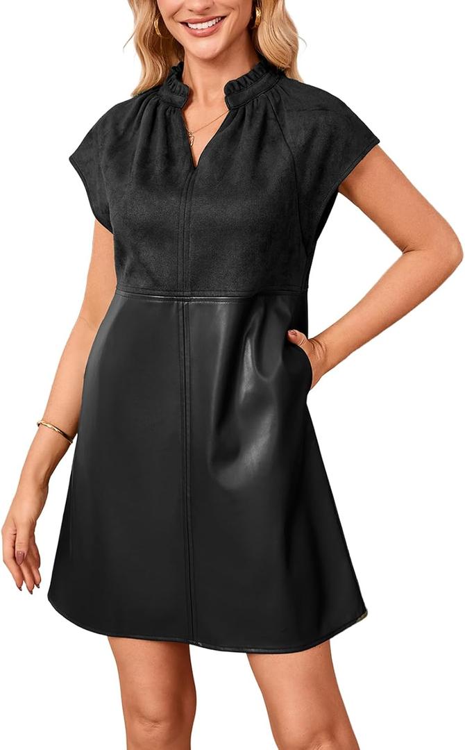Womens Faux Suede Mini Dress 2025 Fall Cap Sleeve V-Neck Faux Leather Dress (Medium, Black)