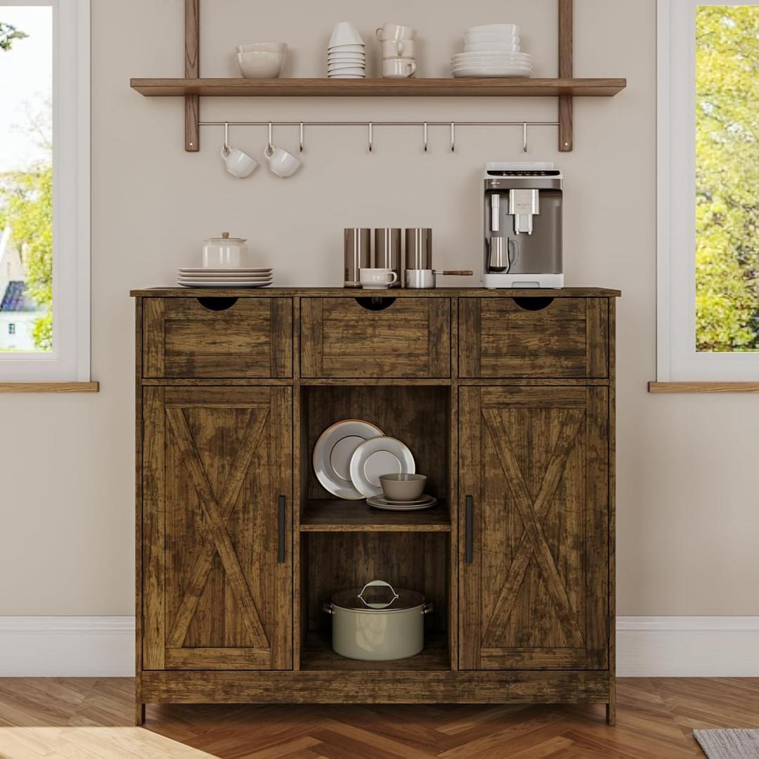 Storage Cabinet, Coffee Bar Cabinet with 2 Adjustable Shelves, 3 Drawers, and 2 Doors, for Bathroom, Kitchen, Living Room (Retro)