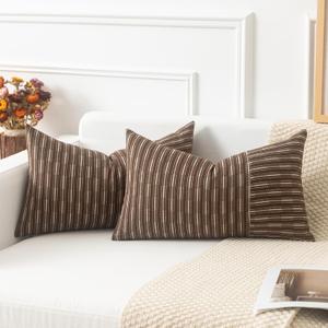 Kevin Textile Brown and Beige Patchwork Farmhouse Throw Pillow Covers 12 x 20 Inch, Pack of 2 Striped Linen Decorative Pillow Case for Sofa Couch Chair Bedroom Modern Decor