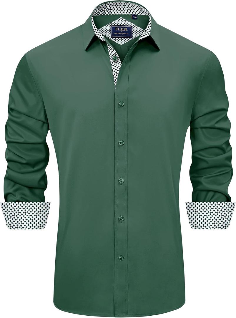 J.VER Men's Casual Long Sleeve Stretch Dress Shirt Wrinkle-Free Regular Fit Button Down Shirts (Green, M)
