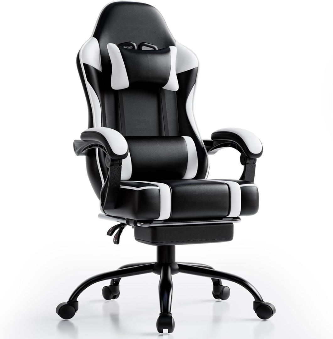 Gaming Chair, Computer Chair with Footrest and Lumbar Support, Ergonomic Video Game Chair with Headrest, Height Adjustable Gamer Chair Office Desk Chair (White)
