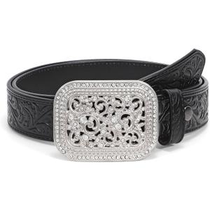 XZQTIVE Women Men Western Belt Vintage Country Belts For Cowgirl Cowboys Genuine Leather Belt with Silver Diamond Buckle