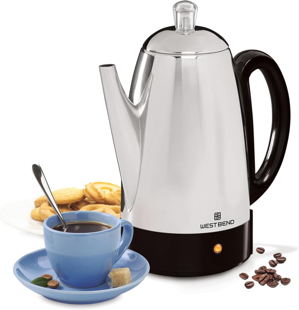 West Bend Electric Percolator Classic Style Coffee Maker with Heat Resistant Handle Base and Detachable Cord with Stainless Steel Stem and Basket, 12-Cup, Silver