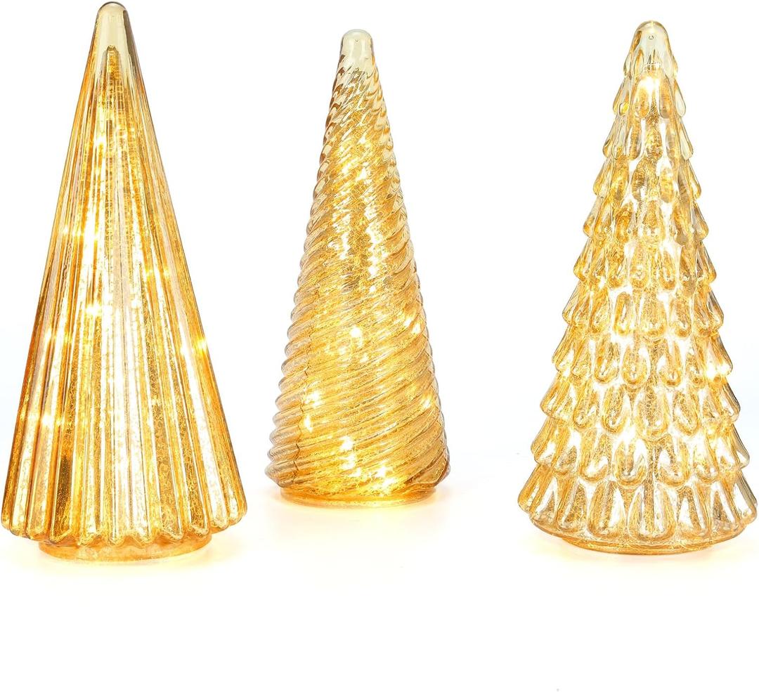 Table Top Christmas Tree Decorations with Fairy Lights,Gold Mercury Glass Finish, Holiday Table Centerpiece and Mantle Decor Set of 3 Assorted Trees