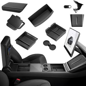 10PCS Center Console Organizer for Tesla New Model Y Juniper (Premium & Performance) Under Seat Storage Armrest Cover Hidden Storage Charger Pad for Tesla Model Y Accessories 2025 2026 Black