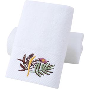 Pidada Hand Towels Set of 2 Embroidered Floral Pattern 100% Cotton Absorbent Soft Decorative Towel for Bathroom (White Pattern 1)