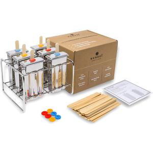 Ecozoi Stainless Steel Popsicle Molds and Rack - 6 Square Ice Pop Makers + 30 Reusable Bamboo Sticks + 12 Silicone Seals + 1 Cleaning Brush +1 Rack