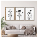 Flower Plant Wall Art Decor 16"x11" Set of 3 Black And White Botanical Painting Wood Framed For Minimalist Bedroom Office Rustic Living Room Abstract Wildflower Sign Hanging (Wood White)
