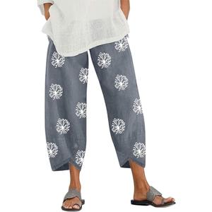 Linen Capri Pants for Womens Casual Cotton Cropped Elastic Waist Lounge Baggy Palazzo Trousers with Pockets L