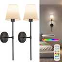 Wall sconces Set of Two Battery Operated Rechargeable Wireless Wall Lights with Remote, 15 Colors & Dimmable Detachable Bulbs, Black Wall Lamps for Bedroom, Living Room, Hallway, and Home Decor
