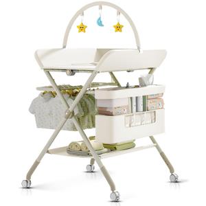 Changing Table, Portable Baby Changing Table with Wheels, Upgraded Foldable Diaper Changing Station with 5-Level Adjustable Height & Large Nursery Organizer Storage for Newborn Infant (Beige)