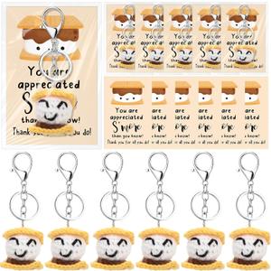 6 Sets Employees Appreciation Gifts Bulk, Cute Handmade Crocheted S'more Marshmallow Keychains with Thank You Cards Xmas Stocking Stuffer for Coworker Staff Team Holiday Party Favory