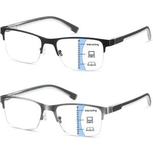 Multifocus Reading Glasses Men No Line Progressive Multifocal Reader Blue Light Computer Metal Frame Trifocal Eyeglass (Multifocal ( Black + Gun ))