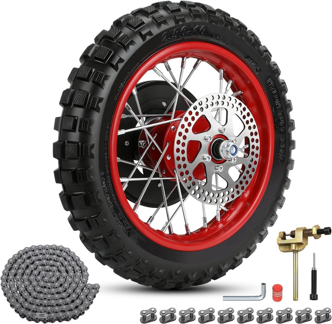 MX650 Rear Wheel Assembly Replacement for Razor MX500 MX650 SX500 McGrath Dirt Rocket Bike, 2.50-10 Dirt Bike Tire with 2.50x10 Inner Tube Brake Rotor 25H Chain Sprocket Parts with Red Rim