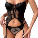 WDIRARA Women's 3 Piece Floral Lace Underwire Garter Lingerie Bra and Thong Set (Black, M)