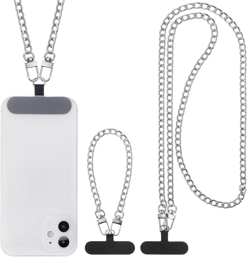 Canlierr 2 Pack Phone Chain Crossbody Phone Strap Lanyard Metal Neck Wrist Bracelet Chain Charm with Tether Tab for Women(Silvery)