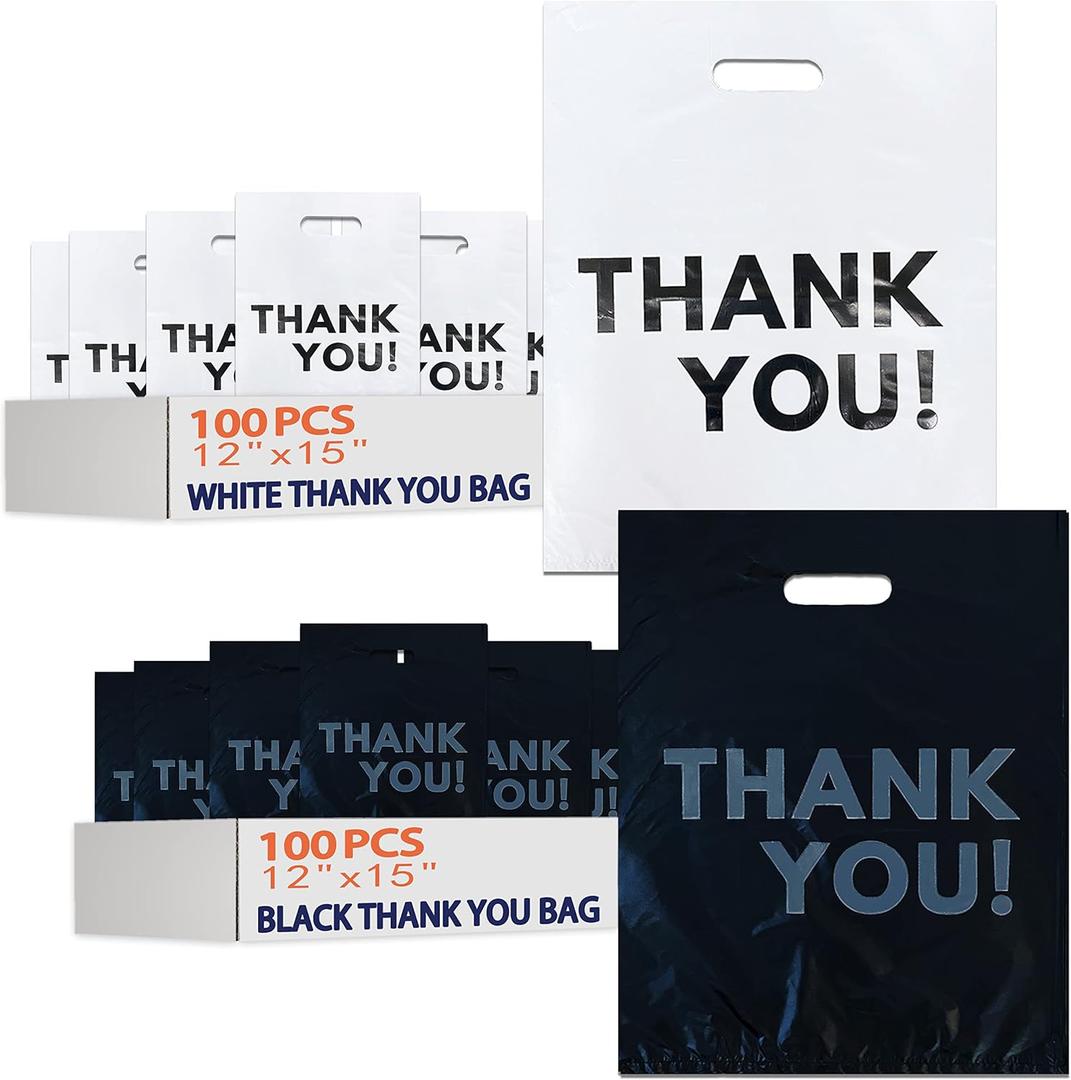 WeiLife. 200PCS Thank You Shopping Bags, 12x15 Plastic Bulk Merchandise Bags, Retail bags, Gift Bags, Plastic Boutique Bags for Small Business (12x15(Medium), Black/White(200PCS))