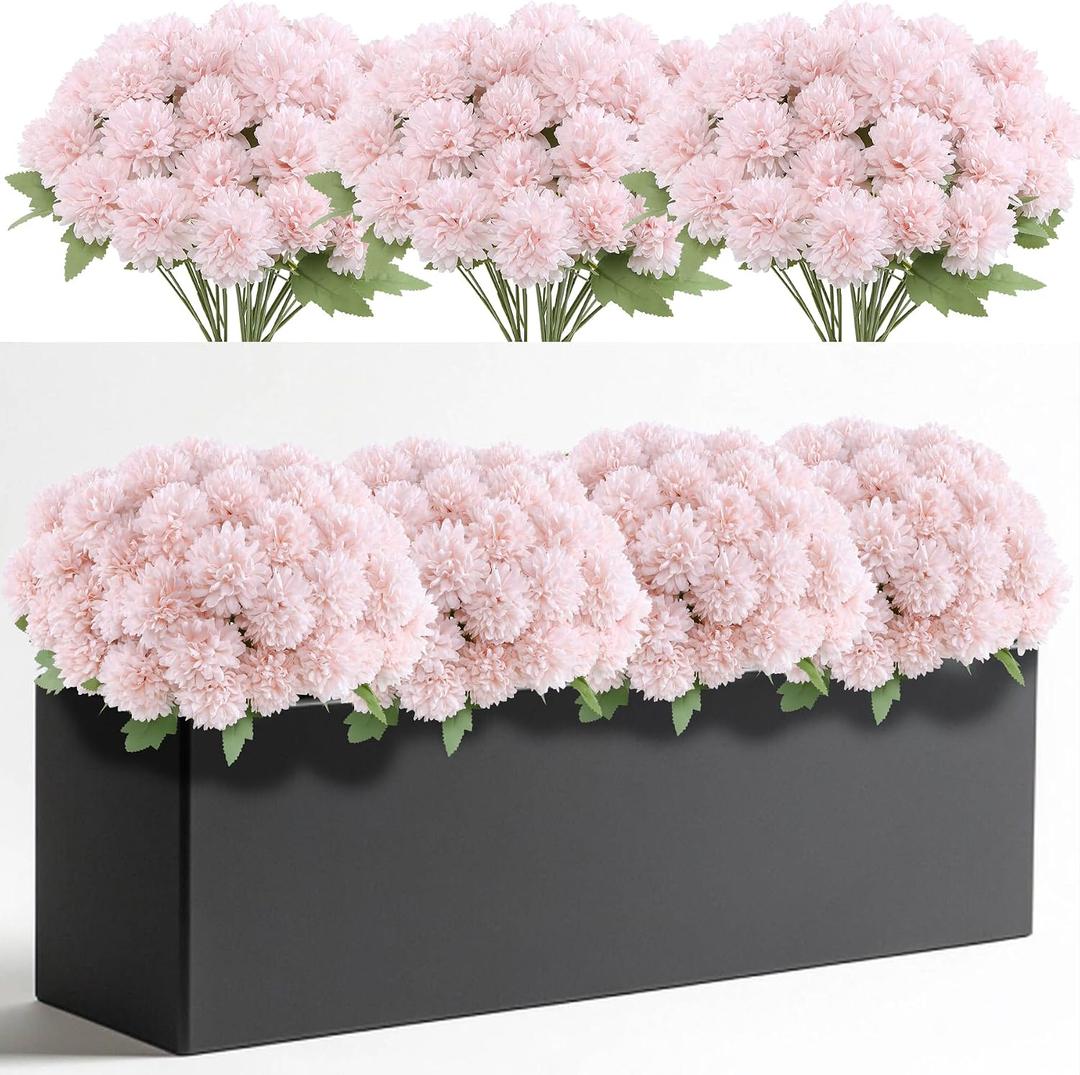 12 Bundle Artificial Mums Flowers for Outdoor Spring Decoration,Faux Ball Chrysanthemums Bouquet Fake Silk Flower for Vase Easter Table Floral Arrangement Wedding Home Decor(12, Pink)