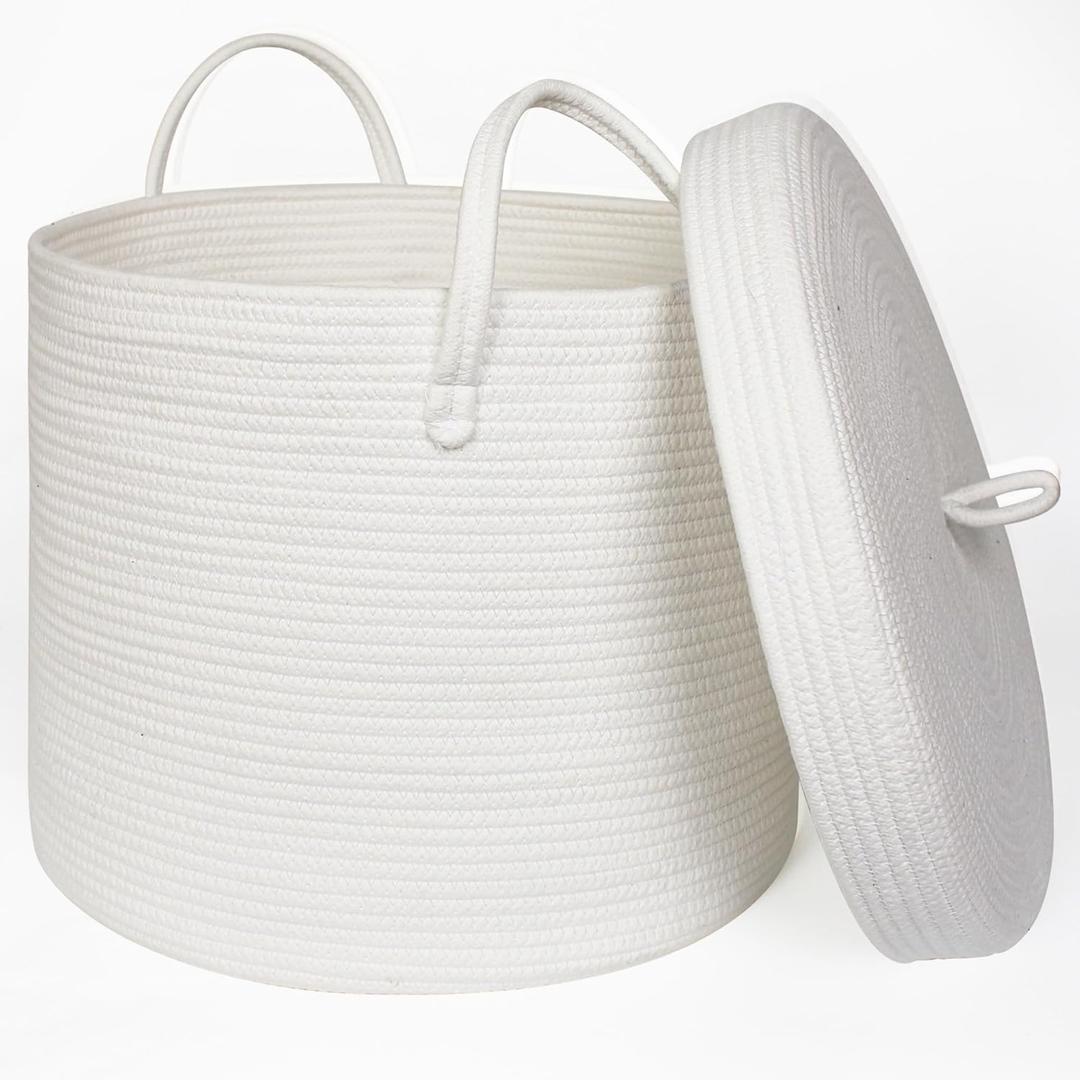 White Basket with Lid, 16"x16"x13" Large Blanket Storage for Living Room, Cute Cotton Rope Kids Toy Box, Bathroom Towel Storage, Woven Laundry Basket with Cover, Wicker Bin for Organizing