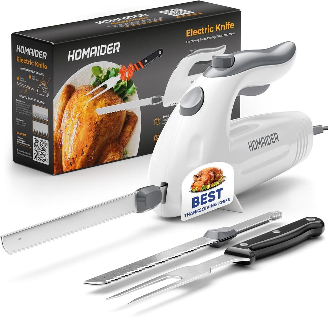 Electric Knife for Meat Slicing, Turkey, Carving Meat, Turkey, Bread & More | Ergonomic Handle + 2 Carving Stainless Steel Blades and Serving Fork Included, 6 Foot Cord