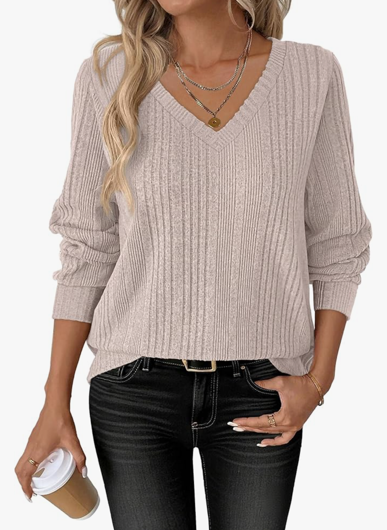 ANRABESS Womens V Neck Sweaters 2025 Fall Long Sleeve Shirts Lightweight Ribbed Knit Basic Casual Office Work Tunic Tops XL