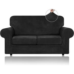 WEERRW Velvet Couch Covers for 2 Cushion Couch Sofa - High Stretch Luxury Velvet Plush 3 Pieces Sofa Slipcovers with Elastic Bottom, Furniture Protector for Pets, Machine Washable, Black, Medium