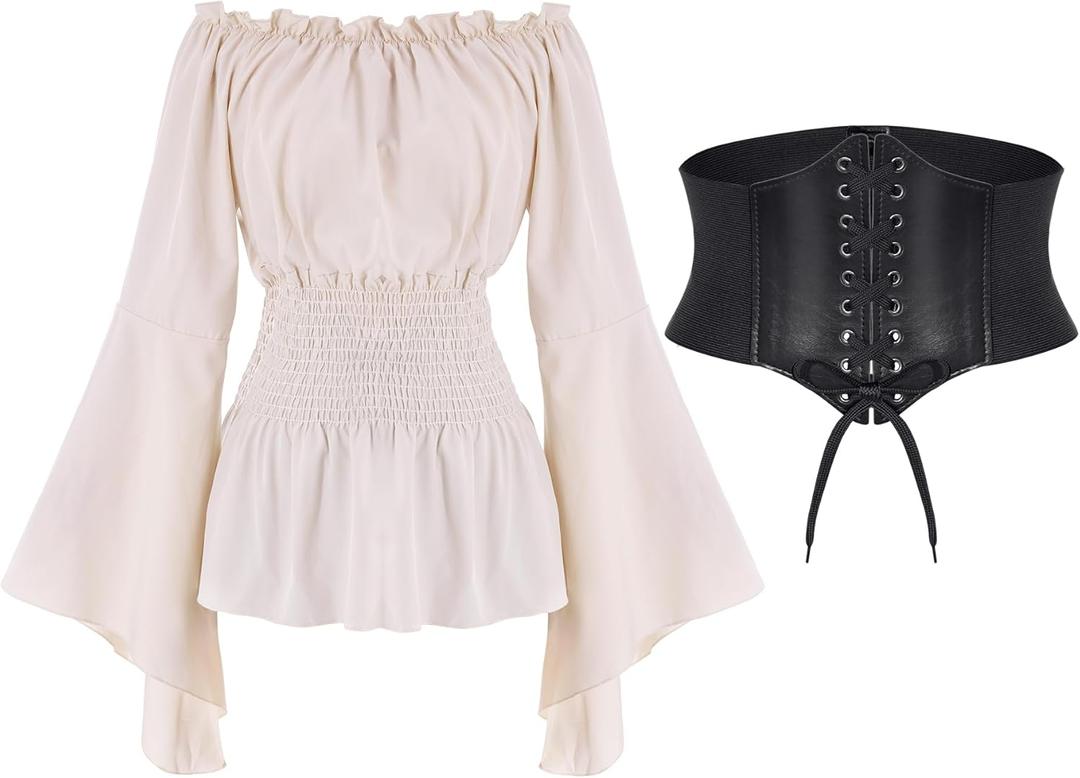 Women Renaissance Blouse Top Corset Waist Belt, Pirate Corset Shirt, Medieval Costume Off Shoulder Peasant Shirt (Large, Beige)