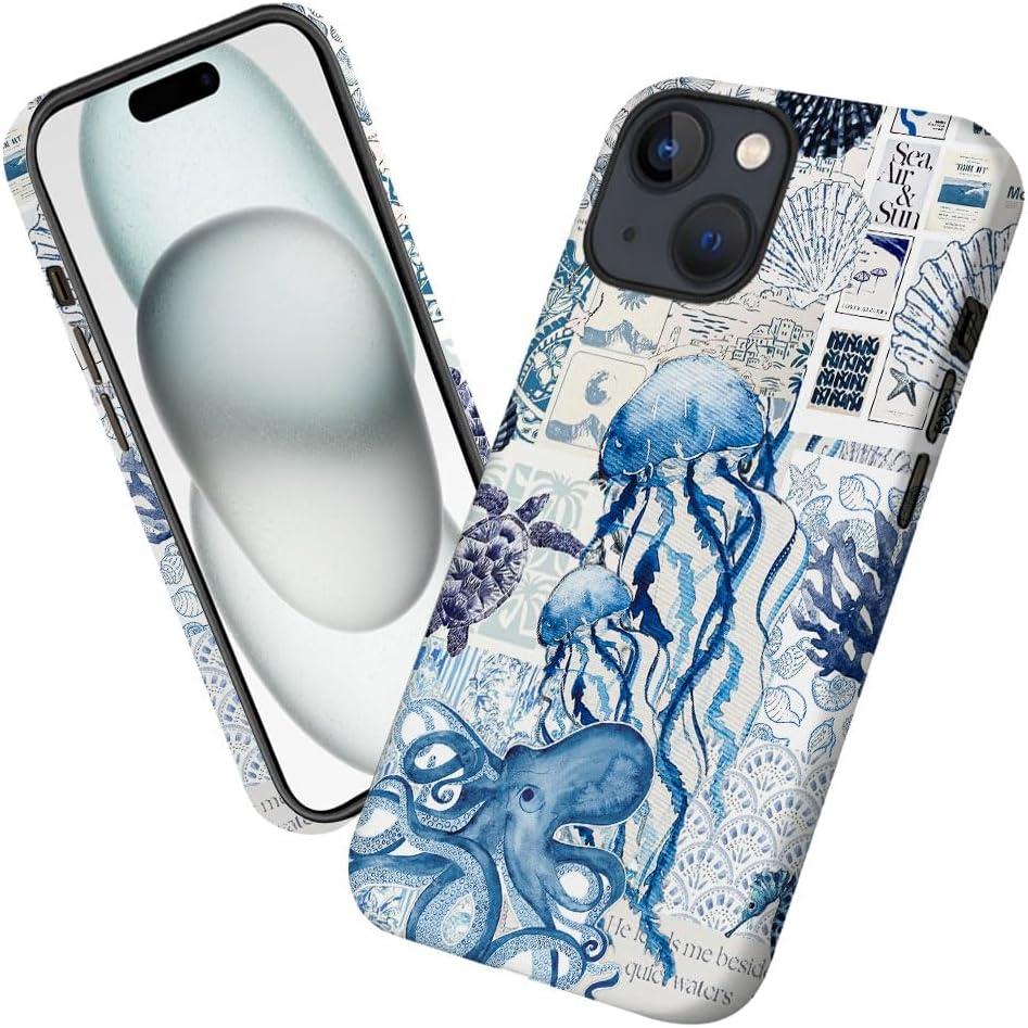 Case for iPhone 15,Sea Jellyfish Octopus Collage Phone Case Military-Grade Drop Protection Cover for Women Girl - Frosted