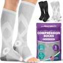 BraceAbility Compression Socks for Circulation - 20-30 mmHg Knee High Neuropathy Open Toe Stockings for Varicose Veins, Running, Shin Splints, Toeless Support for Men or Women - 1 Pair (M - Gray)
