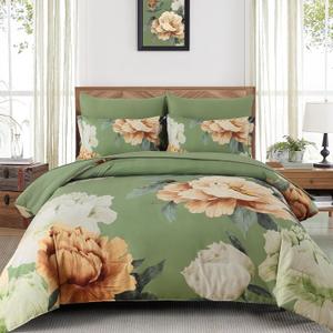 Dobuyly Queen Comforter Set 7 Piece Bed in a Bag, Olive Green Floral Comforter Set with Sheets, Soft Microfiber Botanical Flower Bedding Set for All Season