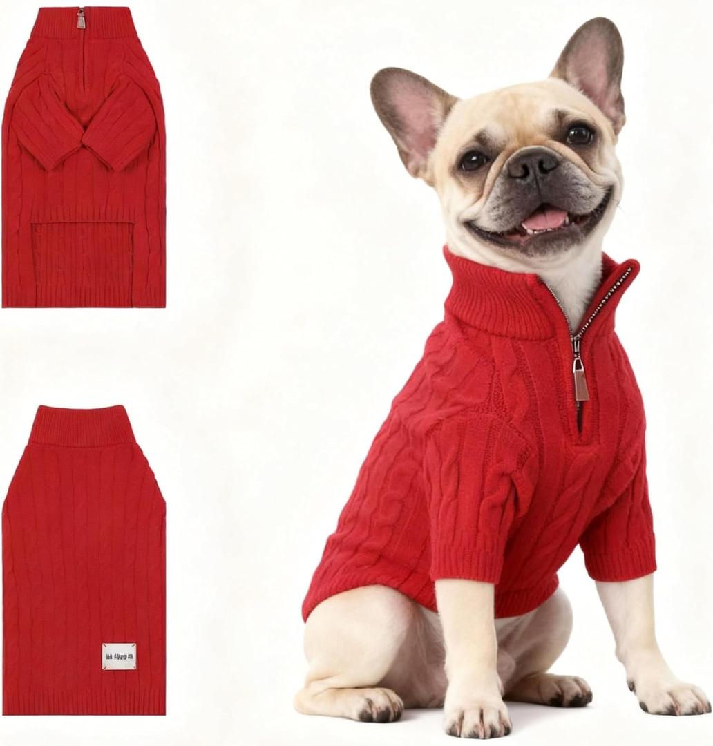 Dog Sweater, Warm Dog Winter Coat w/Sleeves, Comfortable High Neck Premium Dog Clothes for Bulldog-Best for Holidays, Daily Walks Large Red 