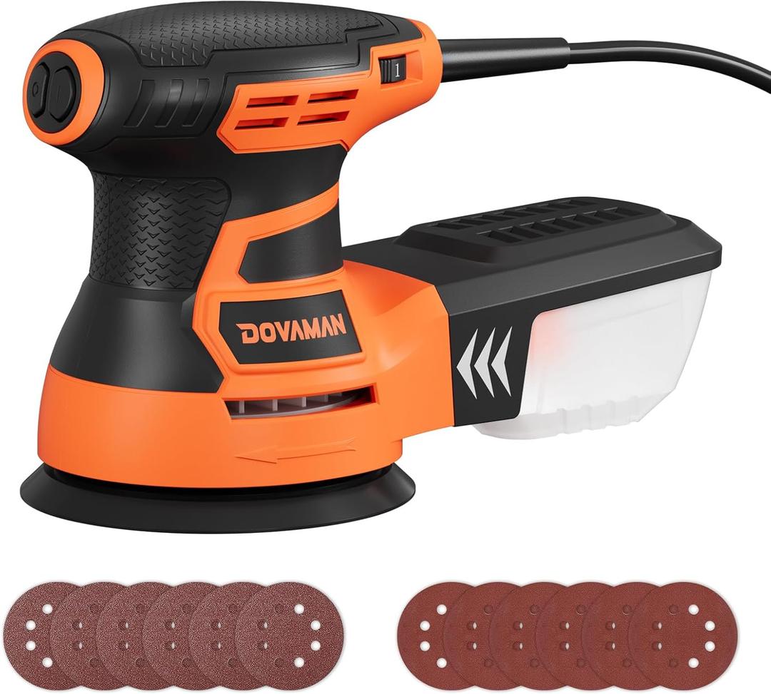 DOVAMAN ROS01A Orbital Sander, 3A Random Orbit Sander, 6 Variable Speeds, Up to 13000 rpm, 12pcs Sandpapers, 5in Sanding Pad, Dust Collection, Electric Tool Perfect for Woodworking