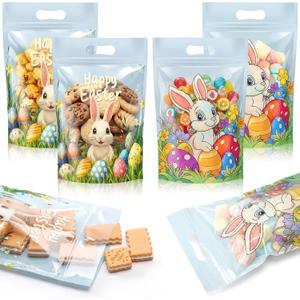 Gueevin 50 Pcs Easter Sealing Treat Zipper Bag Bulk with 9x6.1 Inch Resealable Bunny Plastic Clear Sealing Bags Pouches with Handles for Egg Hunt Holiday Party Candy Gift Wrap Supplies Decoration