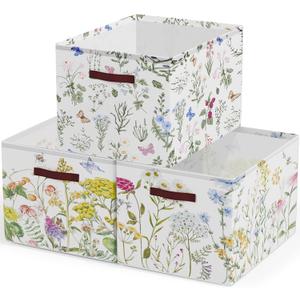 Boao 3 Pack Floral Storage Baskets for Gifts Empty Collapsible Large Wildflowers Storage Bins, Herbs Flowers Canvas Laundry Basket Organizer with Handle for Bedroom Home Office Clothes Closets Toys